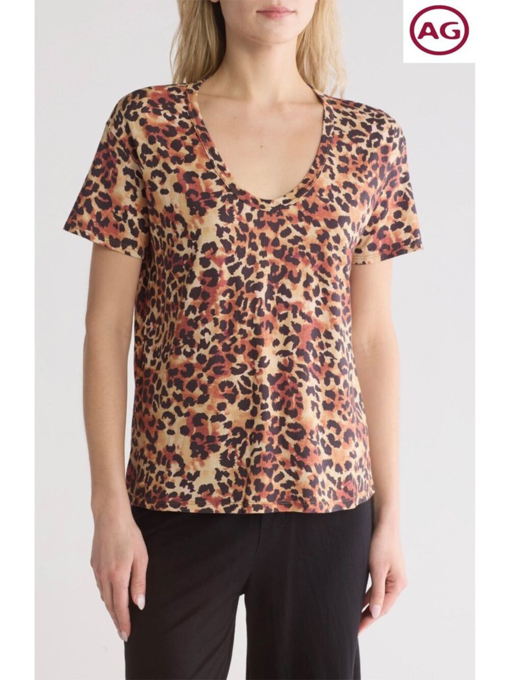 AG ADRIANO GOLDSCHMIED HENSON ANIMAL PRINT STRETCH UNTAMED CAMO COGNAC TEE. SZ M